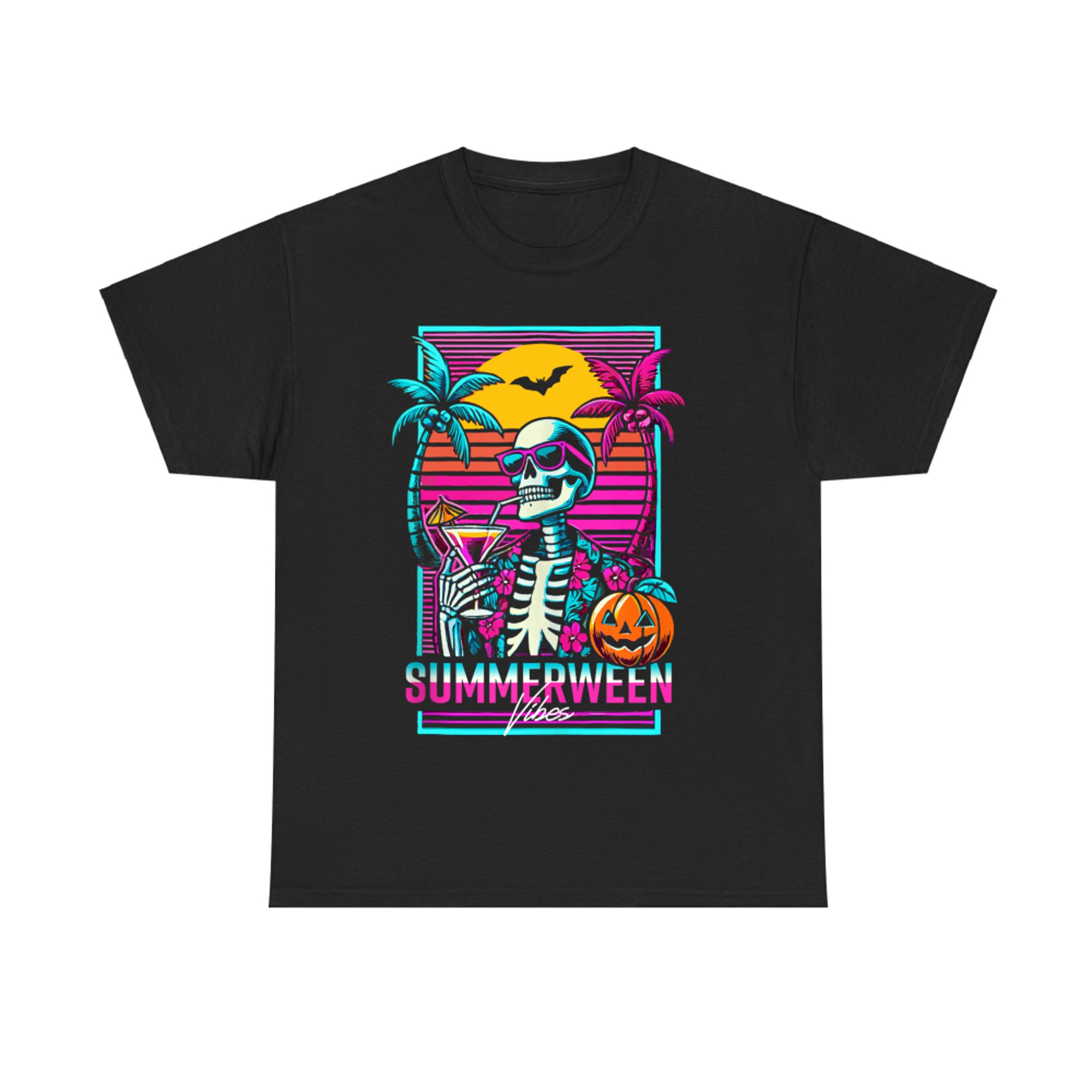 Summerween Vibes Retro 80s Skeleton Sunset T-Shirt