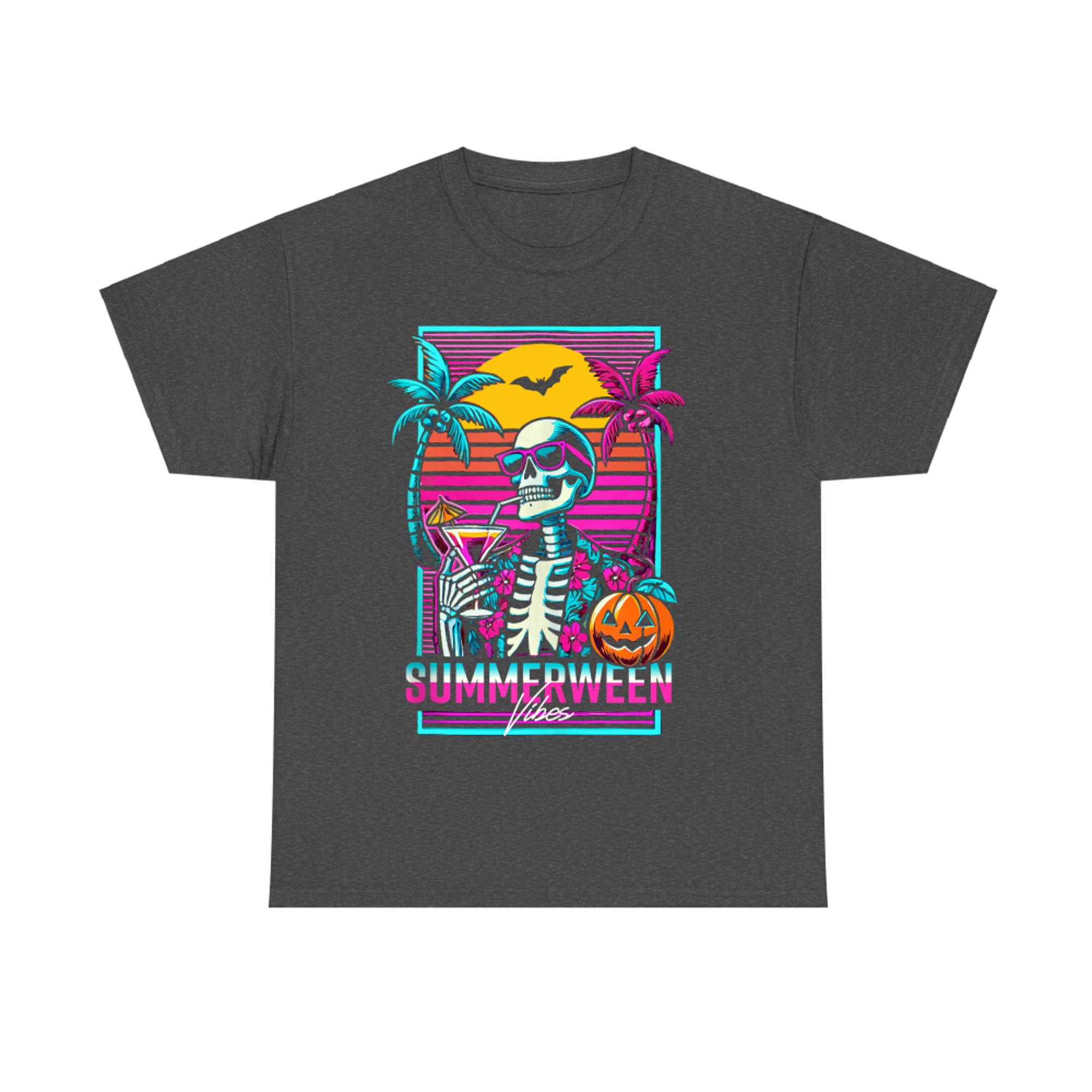 Summerween Vibes Retro 80s Skeleton Sunset T-Shirt