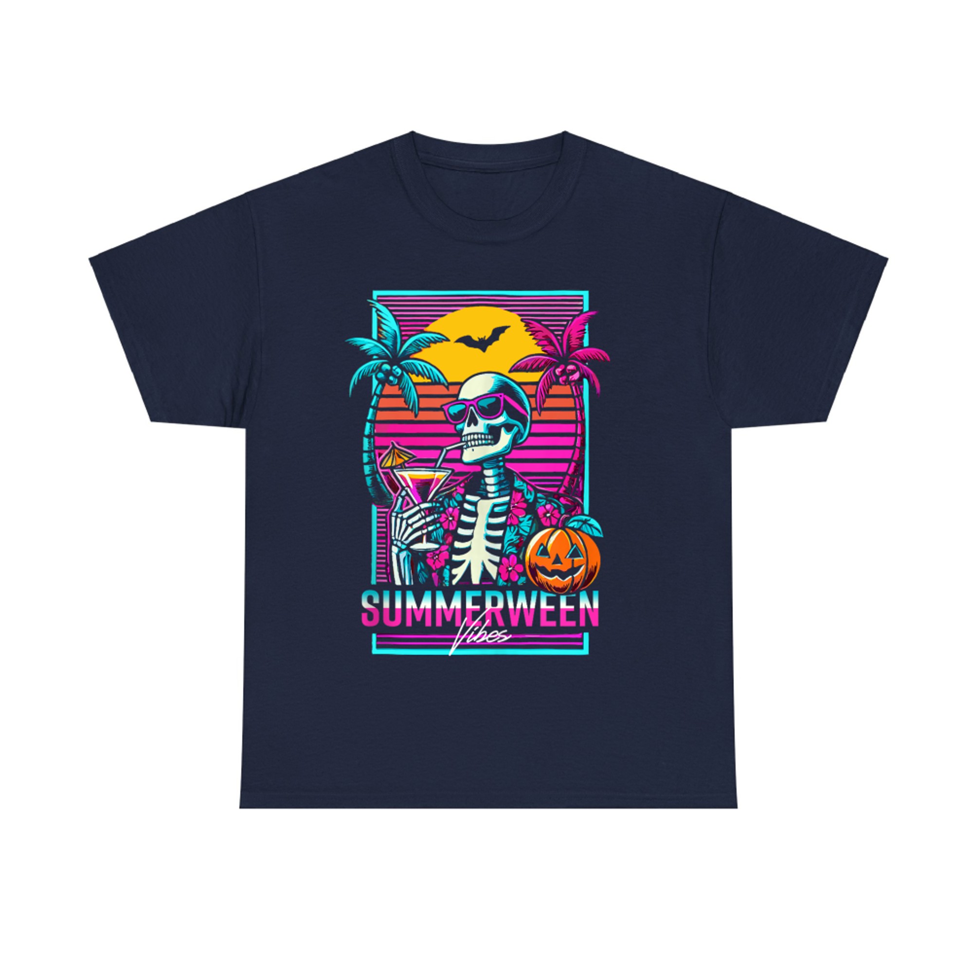 Summerween Vibes Retro 80s Skeleton Sunset T-Shirt