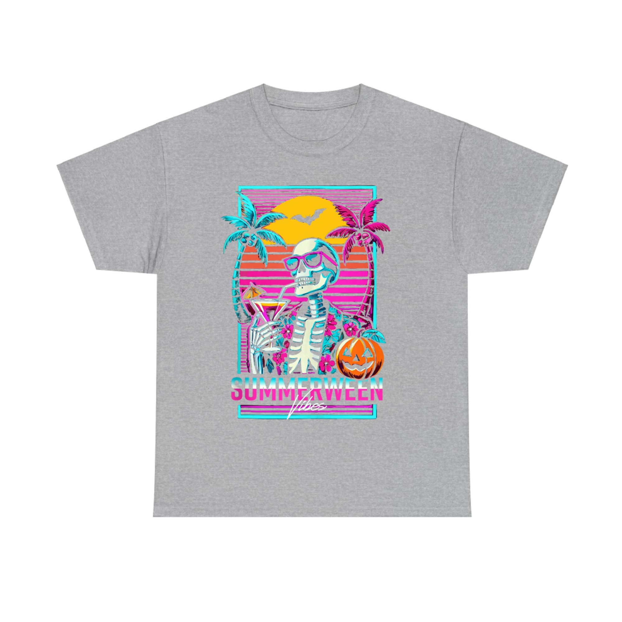 Summerween Vibes Retro 80s Skeleton Sunset T-Shirt