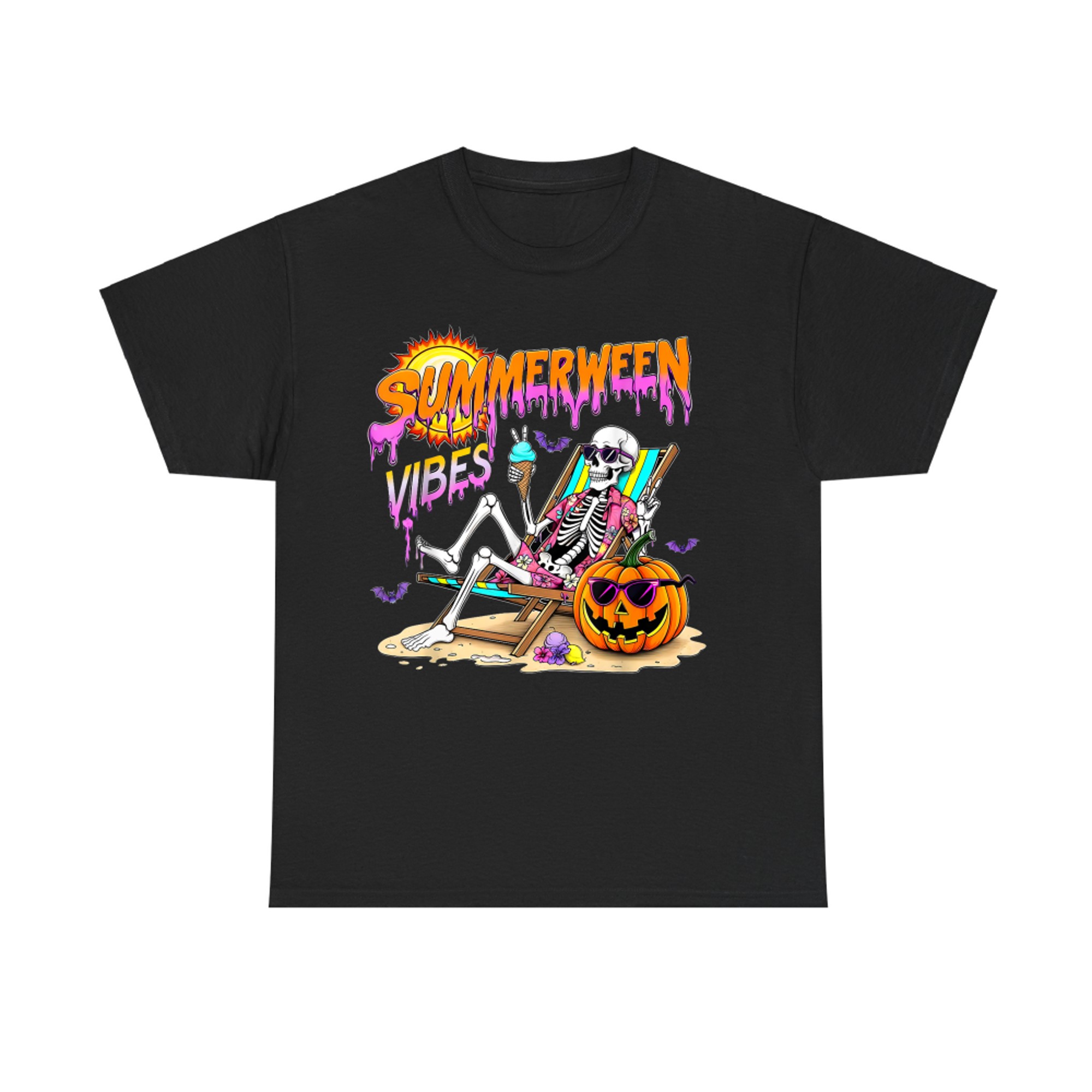 Summerween Vibes Skeleton Ice Cream Beach Pumpkin Spooky Vacation T-Shirt