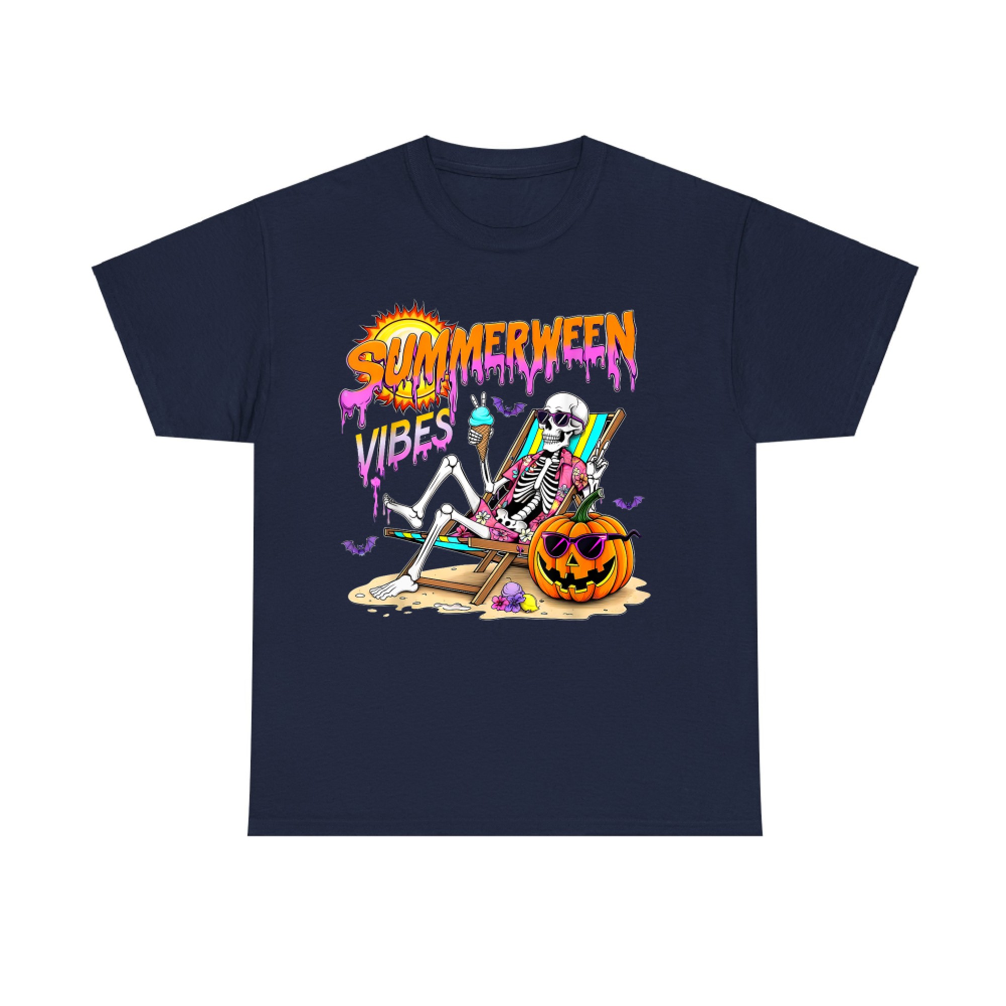 Summerween Vibes Skeleton Ice Cream Beach Pumpkin Spooky Vacation T-Shirt