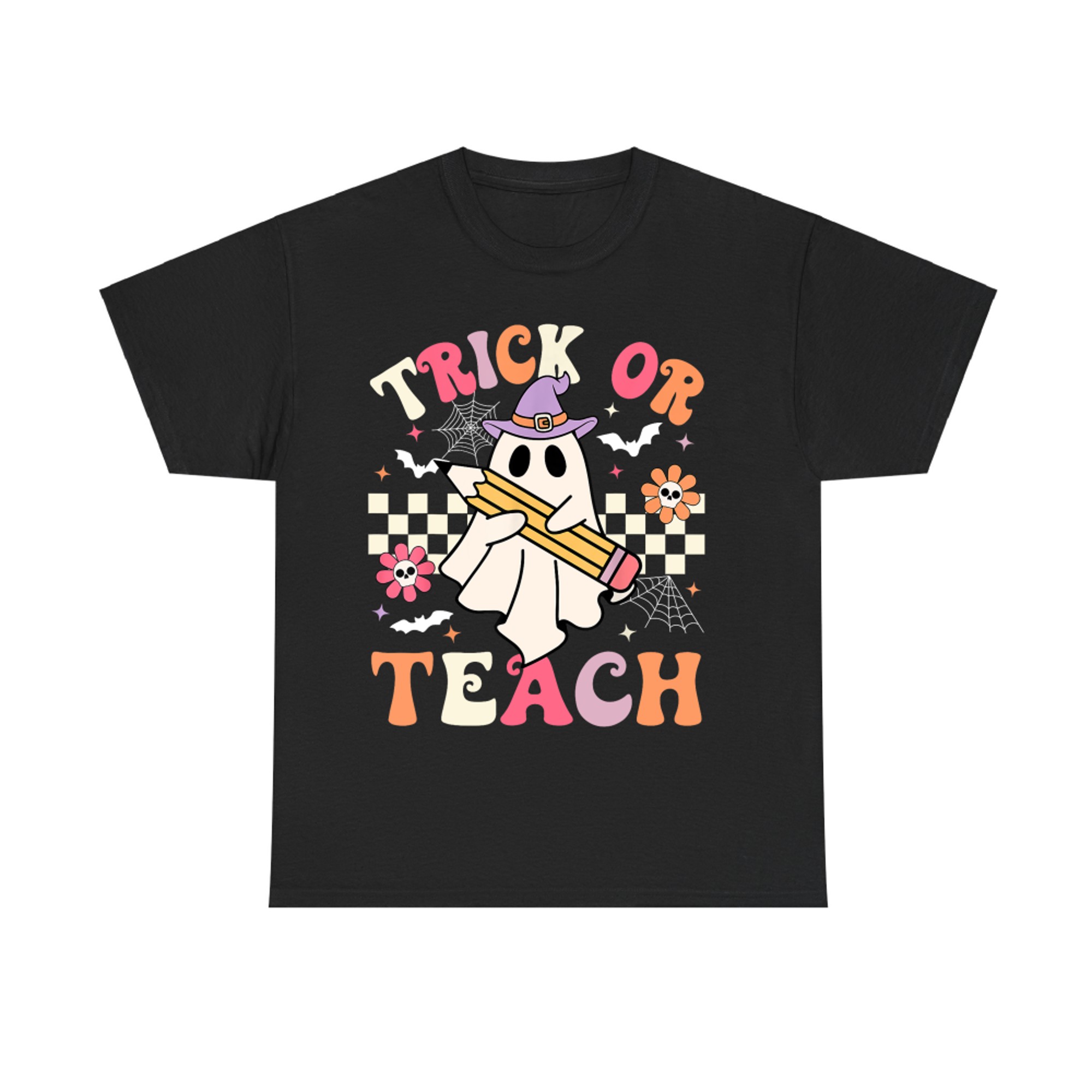 Trick Or Teach Groovy Teacher Halloween Retro Floral Ghost T-Shirt