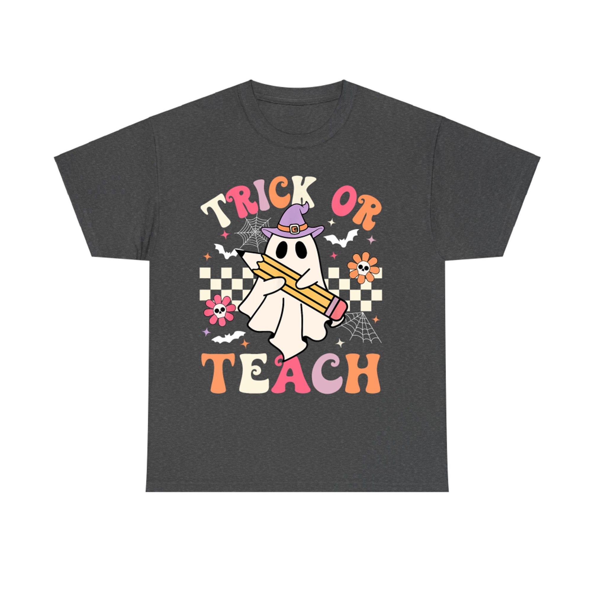 Trick Or Teach Groovy Teacher Halloween Retro Floral Ghost T-Shirt