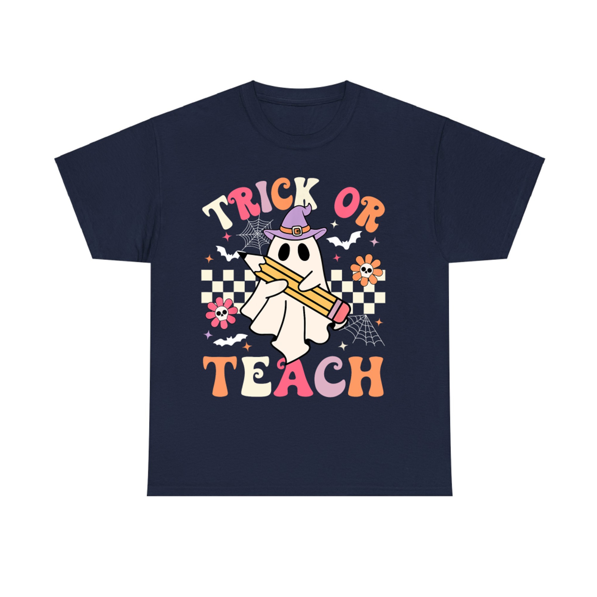 Trick Or Teach Groovy Teacher Halloween Retro Floral Ghost T-Shirt