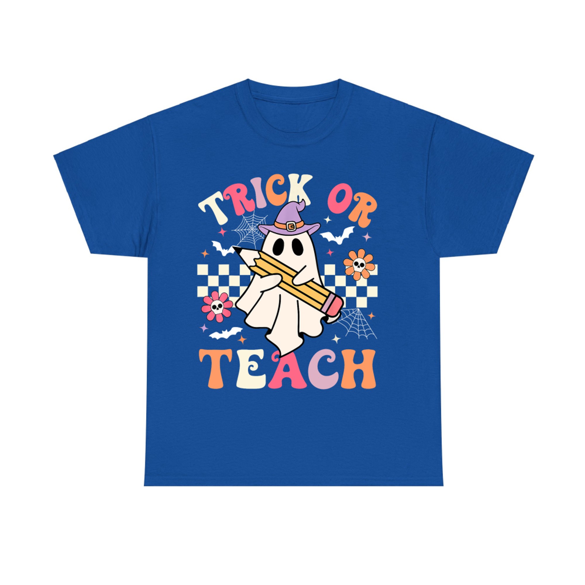 Trick Or Teach Groovy Teacher Halloween Retro Floral Ghost T-Shirt