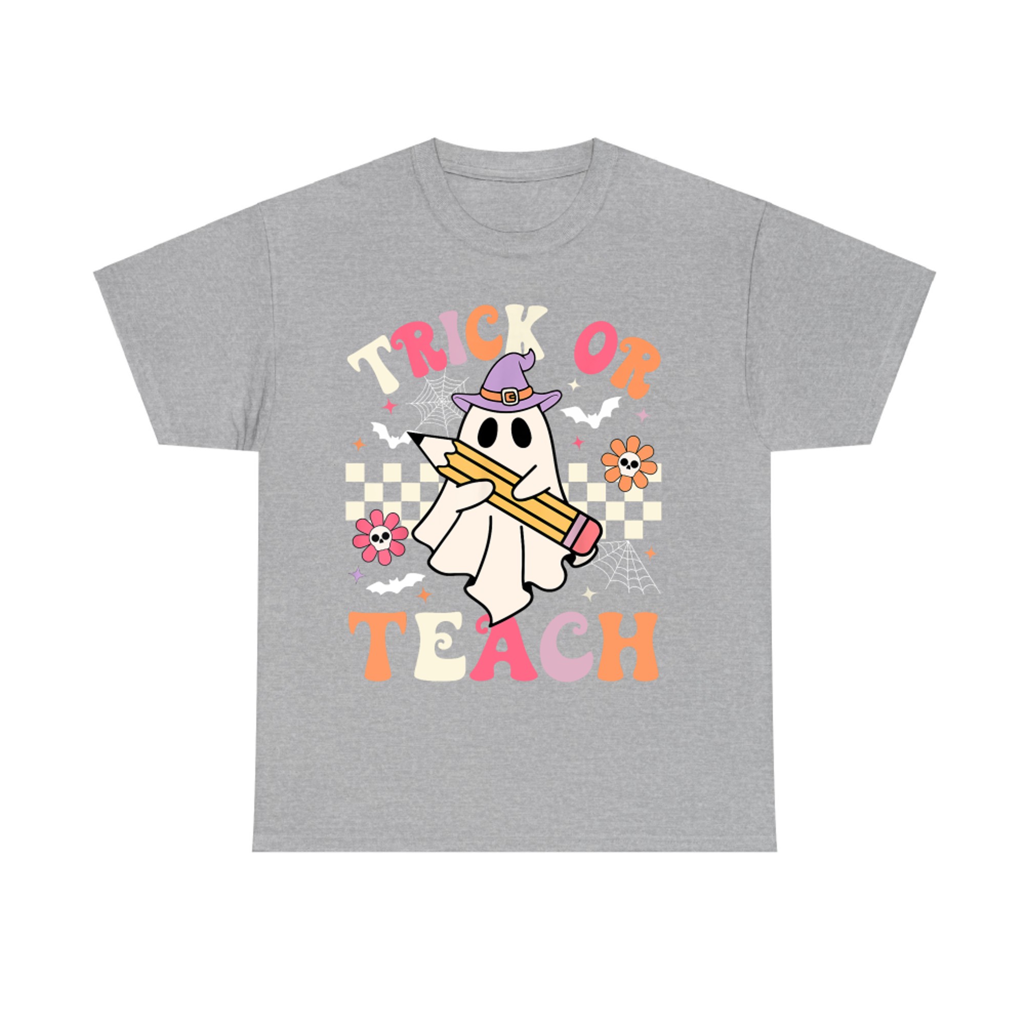 Trick Or Teach Groovy Teacher Halloween Retro Floral Ghost T-Shirt